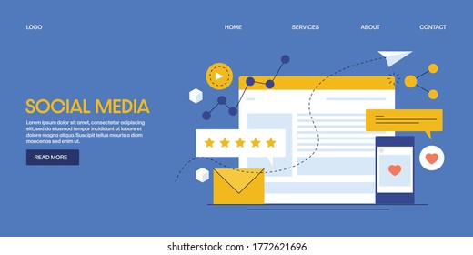 Illustration for social media marketing, Sending email, Content marketing on social media,Content analytics - vector banner with icons