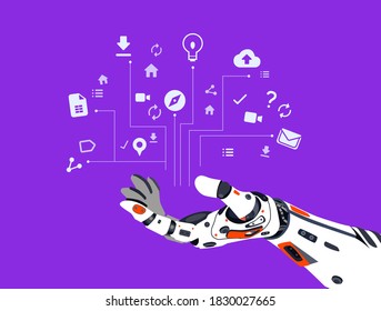 Illustration of social media supporting by artificial intelligence. Hand of cyborg and media icons above it in purple background.