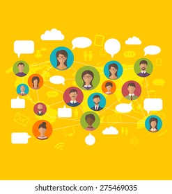 Illustration Social Network Concept on World Map with People Icons Avatars, Modern Flat Design - vector 