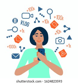 Illustration with social network girl phone. Social media app. Mobile internet. Friends communication. Flat vector illustration.