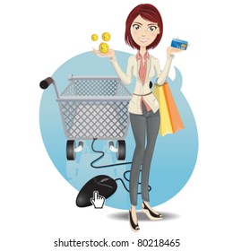 Illustration of a social networking girl make an online shopping