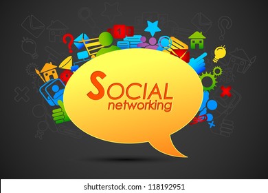 illustration of social networking icon coming out from chat bubble