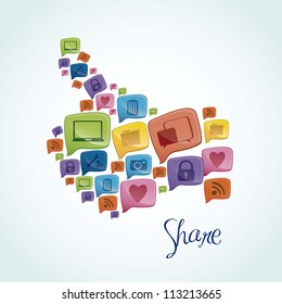 Illustration of social networking icons forming a hand with thumb up, vector illustration