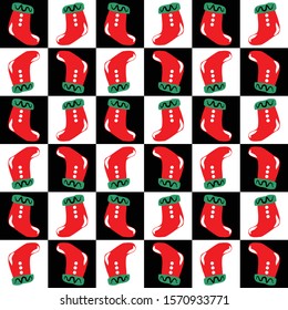 illustration of socks from children. Abstract Christmas patterns for children, paper, fashion textiles. Black and white background. Creative modern design with a Christmas theme.