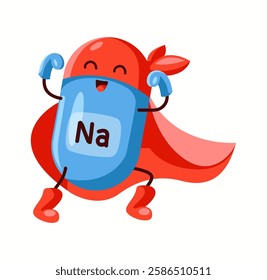 Illustration of a sodium superhero character in blue and red, highlighting its role in electrolyte balance and nervous system support.