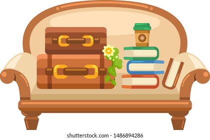 Illustration of sofa and cushion with attache case, book and coffee