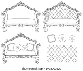 Illustration of sofa and cushion. Royal style. Line drawing.