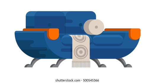 Illustration of sofa in flat style. Furniture, bedspread, cushion. Sofa isolated on a white background. Elements of interior design