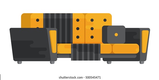 Illustration of sofa in flat style. Furniture, bedspread, cushion. Sofa isolated on a white background. Elements of interior design