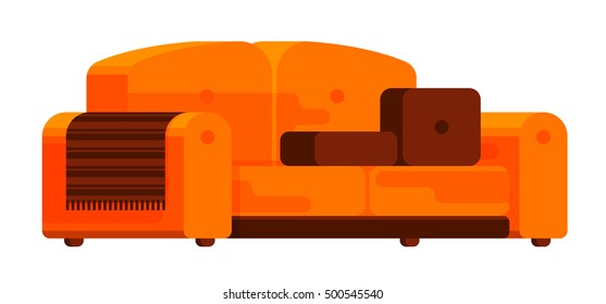 Illustration of sofa in flat style. Furniture, bedspread, cushion. Sofa isolated on a white background. Elements of interior design