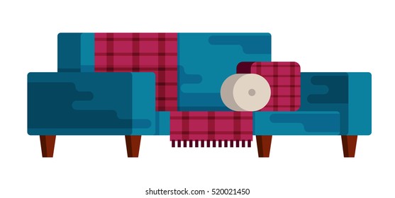 Illustration of sofa in flat style. Furniture, bedspread, cushion. Sofa isolated on a white background. Elements of interior design