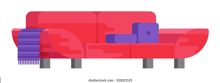 Illustration of sofa in flat style. Furniture, bedspread, cushion. Sofa isolated on a white background. Elements of interior design