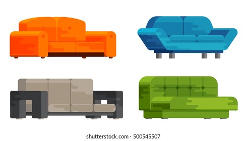 Illustration of sofa set in flat style. Furniture, bedspread, cushion. Sofas of different types isolated on a white background. Elements of interior design