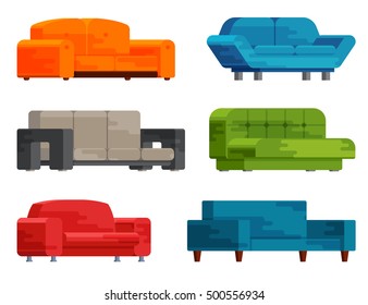 Illustration of sofa set in flat style. Furniture, bedspread, cushion. Sofas of different types isolated on a white background. Elements of interior design