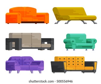 Illustration of sofa set in flat style. Furniture, bedspread, cushion. Sofas of different types isolated on a white background. Elements of interior design