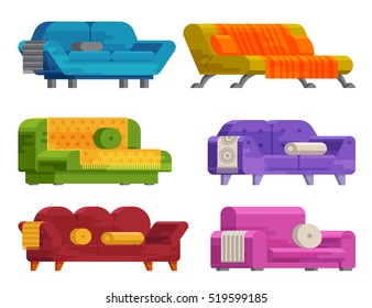 Illustration of sofa set in flat style. Furniture, bedspread, cushion. Sofas of different types isolated on a white background. Elements of interior design