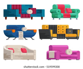 Illustration of sofa set in flat style. Furniture, bedspread, cushion. Sofas of different types isolated on a white background. Elements of interior design
