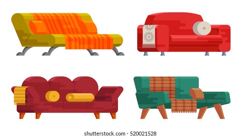 Illustration of sofa set in flat style. Furniture, bedspread, cushion. Sofas of different types isolated on a white background. Elements of interior design