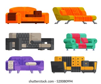 Illustration of sofa set in flat style. Furniture, bedspread, cushion. Sofas of different types isolated on a white background. Elements of interior design