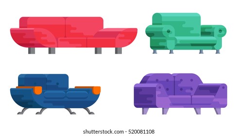 Illustration of sofa set in flat style. Furniture, bedspread, cushion. Sofas of different types isolated on a white background. Elements of interior design