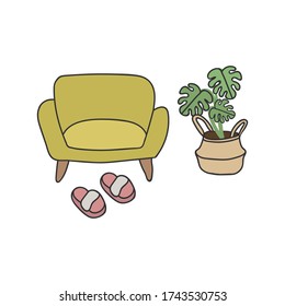 Illustration of a sofa. Stylish illustration of the interior in the Scandinavian style. Items at home are a sofa, a palm tree in a wicker pot, and pink Slippers. Beautiful poster of a cozy home. Stay
