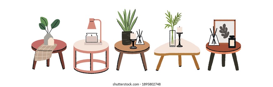 Ilustración de la mesa del sofá y de los objetos de decoración del hogar