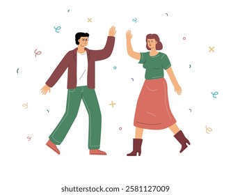 An illustration in soft colors, in which two people give each other a "high five". A symbol of partnership, connection, happiness and a moment of unity.