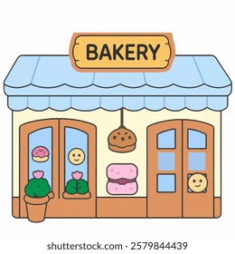 A Illustration of a soft pastel yellow bakery, perfect for village townscapes, food-related branding, and nostalgic storefront designs.