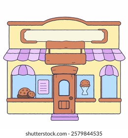 A Illustration of a soft pastel yellow and pink purple building bakery, perfect for village townscapes, food-related branding, and nostalgic storefront designs.