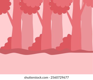 Illustration of soft pink forest scene with stylized trees and bushes, creating a warm, inviting atmosphere