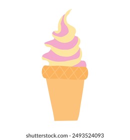 
Illustration of a soft serve ice cream cone with pink and yellow swirled ice cream in a waffle cone. The design is simple and cute, perfect for summer or dessert-themed graphics.