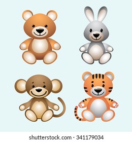 illustration soft toy bear, monkey, rabbit, tiger, vector,  design element, abstract