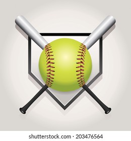 An Illustration Of A Softball, Bat, And Home Plate. Vector EPS 10 File Contains Transparencies And Gradient Mesh.