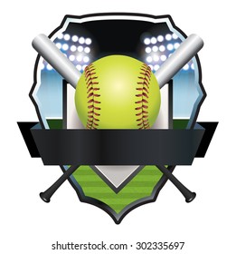 An illustration of a softball and bats emblem and badge. Vector EPS 10 available. EPS file contains transparencies and gradient mesh.