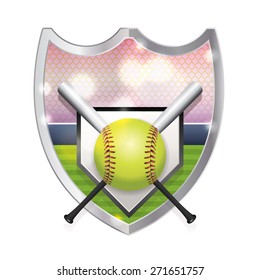 An illustration of an softball, bats, home plate and field inside an emblem. Vector EPS 10. EPS file is layered and contains transparencies and gradient mesh.