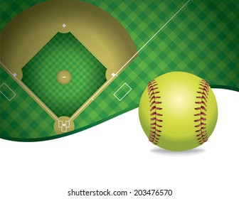 An illustration of a softball and softball field. Room for copy. Vector EPS 10 contains transparencies and gradient mesh.