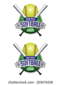 An illustration of softball league emblems and badges. Vector EPS 10 contains transparencies and gradient mesh.