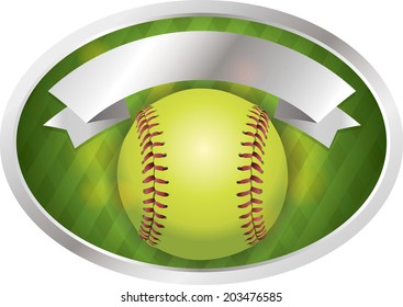 An illustration of a softball on a emblem background. Vector EPS 10 contains transparencies.