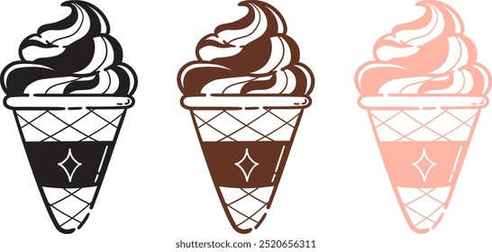 Illustration of a soft-serve ice cream cone in three color variations: black, brown, and light pink. The design features a simple, hand-drawn style with a diamond pattern on the waffle cone and a deco