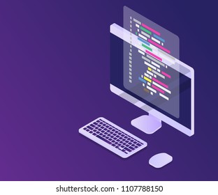 illustration of software programming coding concept, code with computer mornitor vector isometric