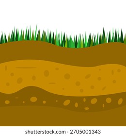 Ilustração de camadas de solo em um fundo branco. Seção transversal do solo mostrando os horizontes naturais do solo e a estrutura da terra.