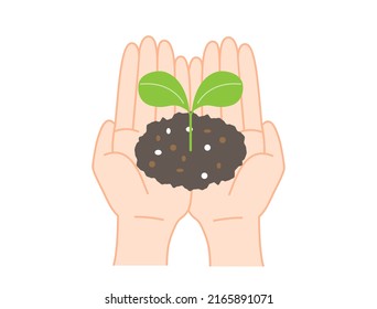 It is an illustration of soil and sprout placed on the palm of your hand.