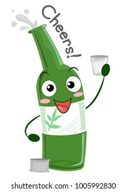 Illustration of a Soju Bottle Mascot Holding a Shot Glass with Cheers Lettering