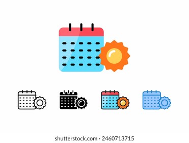 
Ilustración de diseño de calendario solar, calendario de verano, iconos con 5 estilos diferentes. Se rellenan las versiones de líneas, planas, glifos y contornos rellenos de los signos de Vector colorido, contorno y azul. Símbolo, v