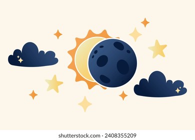 Illustration of solar eclipse in flat cartoon style