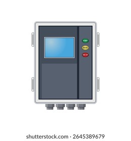 Illustration of a solar inverter with a digital screen and LED indicators for power, fault, and status. Perfect for representing solar energy systems, control, and power conversion.