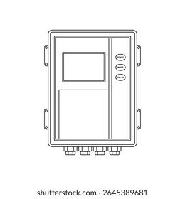 Illustration of a solar inverter with a digital screen and LED indicators for power, fault, and status. Perfect for representing solar energy systems, control, and power conversion.