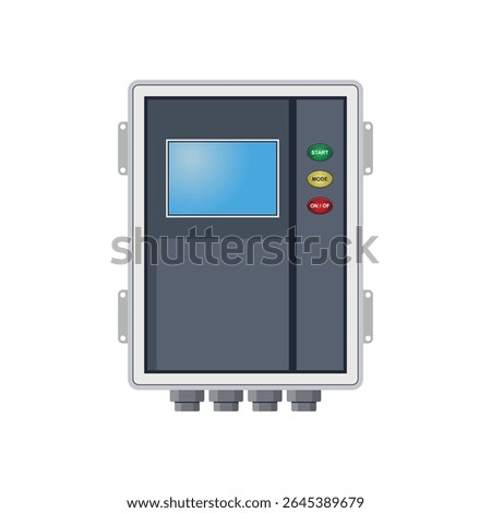 Illustration of a solar inverter with a digital screen and LED indicators for power, fault, and status. Perfect for representing solar energy systems, control, and power conversion.