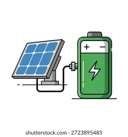 Illustration of a solar panel connected to a battery, representing sustainable energy, renewable power, and eco-friendly technology for electricity generation and storage.