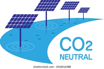 Illustration of a solar panel standing by the water. Lay out fish in the water. Place the letters 